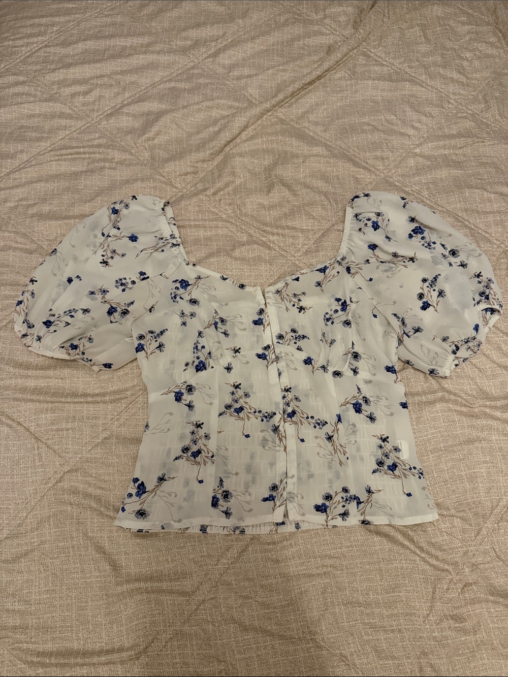 Sienna Sky White Puff-Sleeve Blouse with Blue Floral Print
